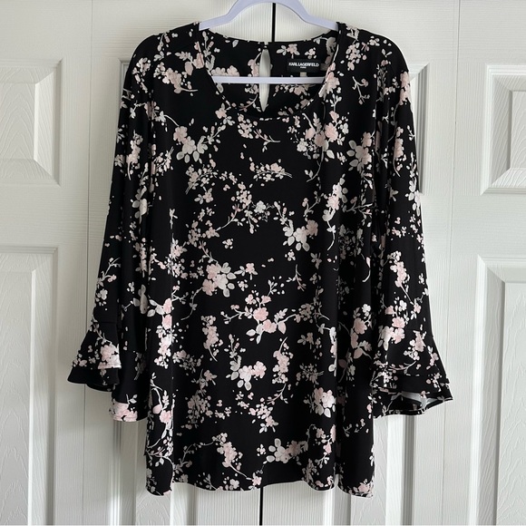 Karl Lagerfeld Paris Black and Pink Blossom Bell Sleeve Top Plus Size 2X - Picture 1 of 7